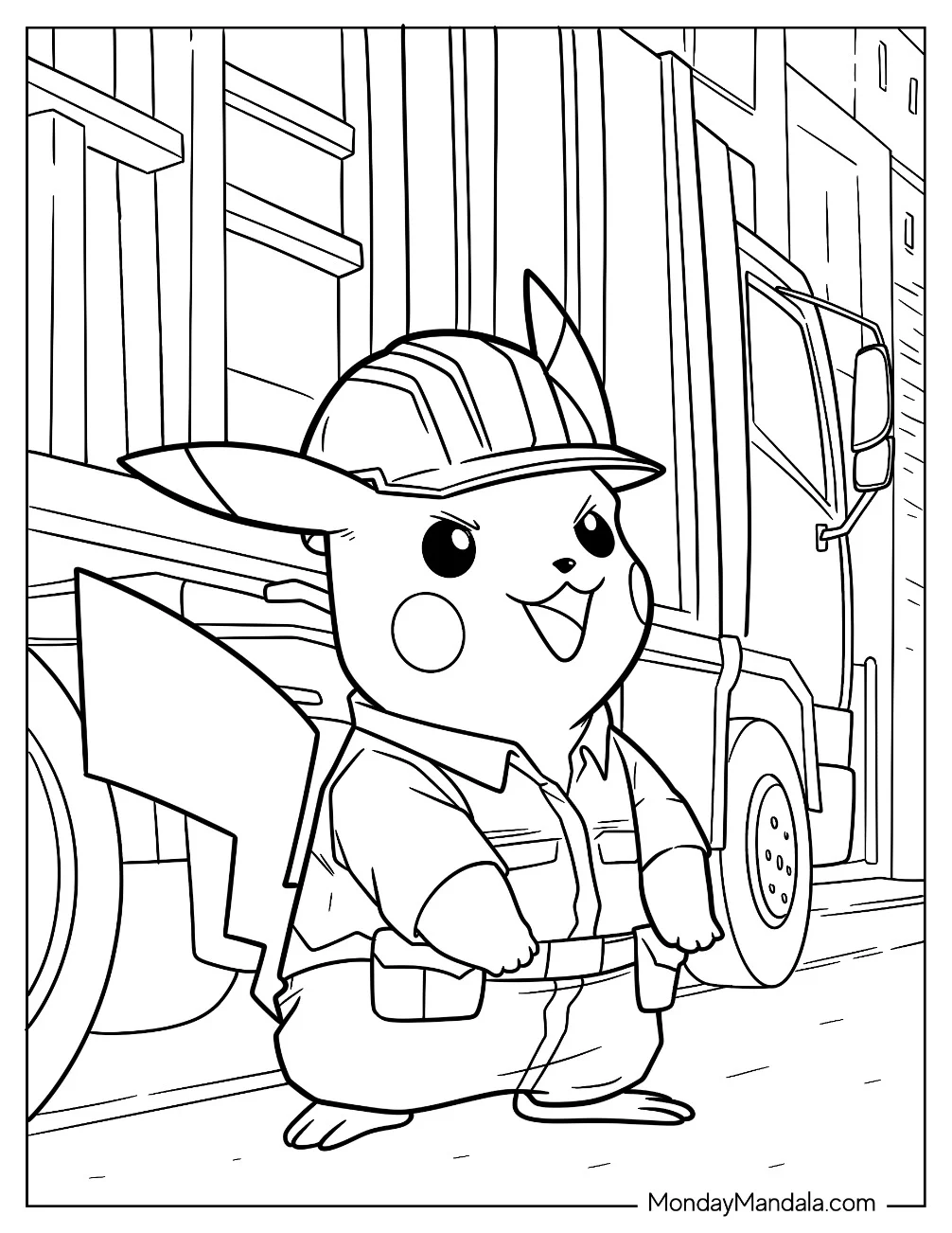 Garbage Collector Pikachu Standing In Front Of Garbage Truck Coloring Page coloring page