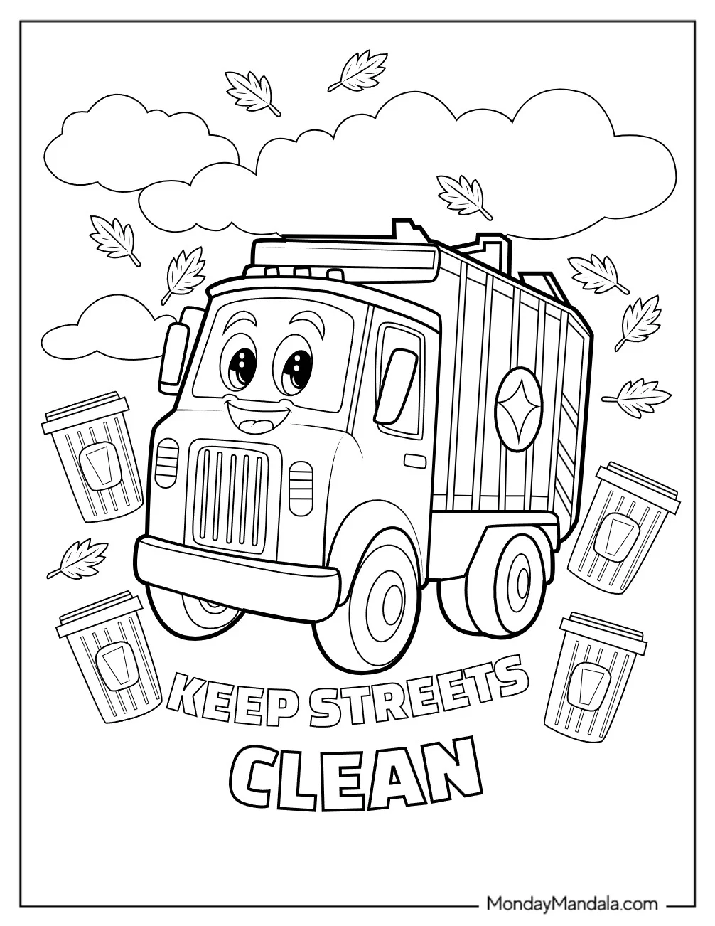 Garbage Truck Coloring Page With Keep Streets Clean Sign And Flying Bins For Kids coloring page — printable line art