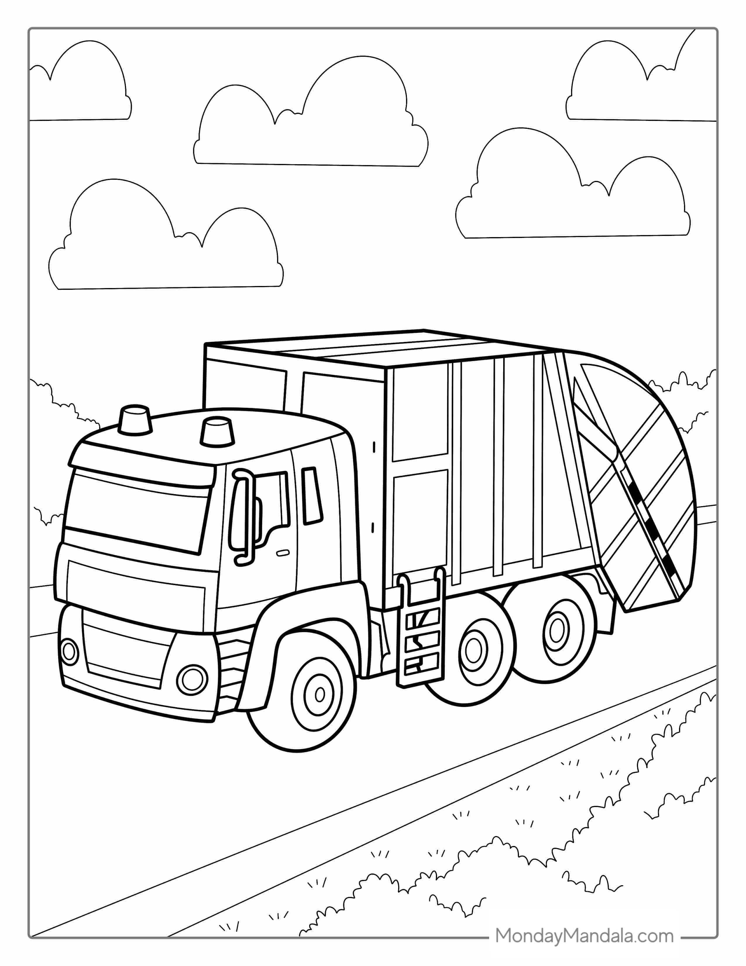 Garbage Truck Driving On The Road coloring page — printable line art