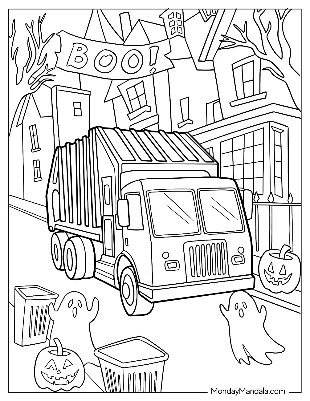 Halloween Garbage Truck Coloring Page With Ghosts And Pumpkins For Kids coloring page