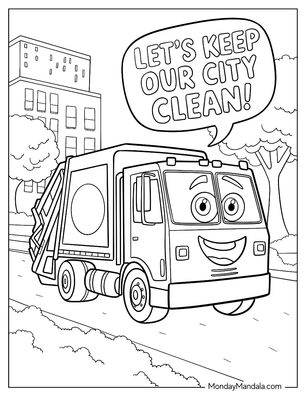 Jolly Cartoon Garbage Truck Coloring Page Saying  Let s Keep Out City Clean! coloring page