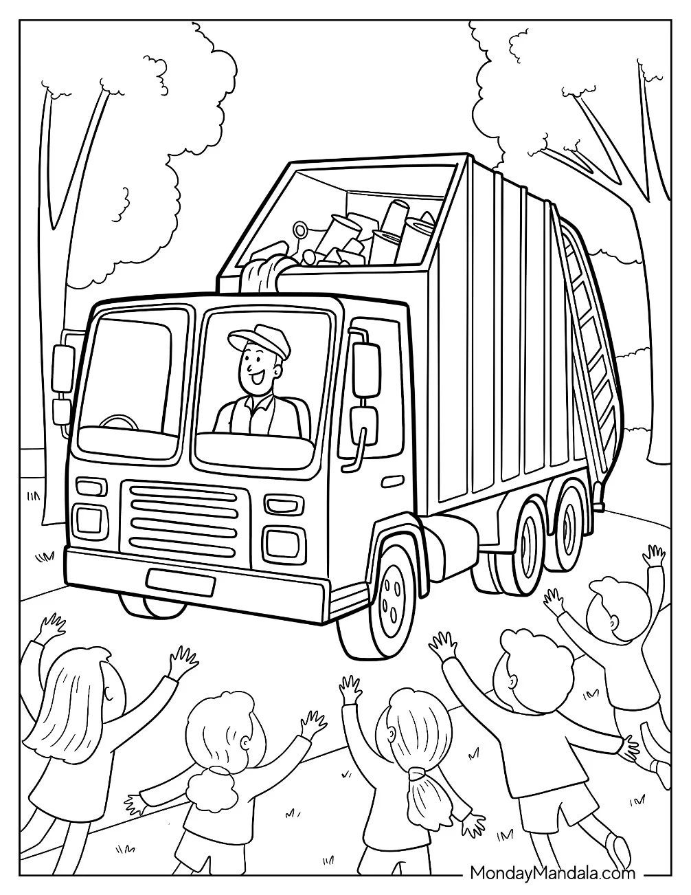 Kids Waving at Garbage Truck Coloring Page Driver On Neighborhood Street coloring page