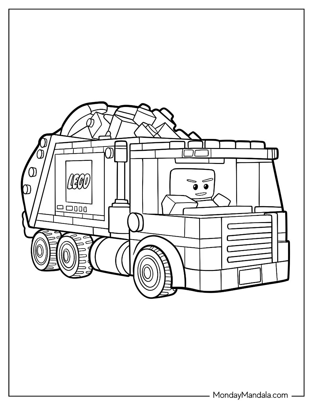LEGO City Garbage Truck Coloring Page With Driver And Brick Load For Kids coloring page — printable line art