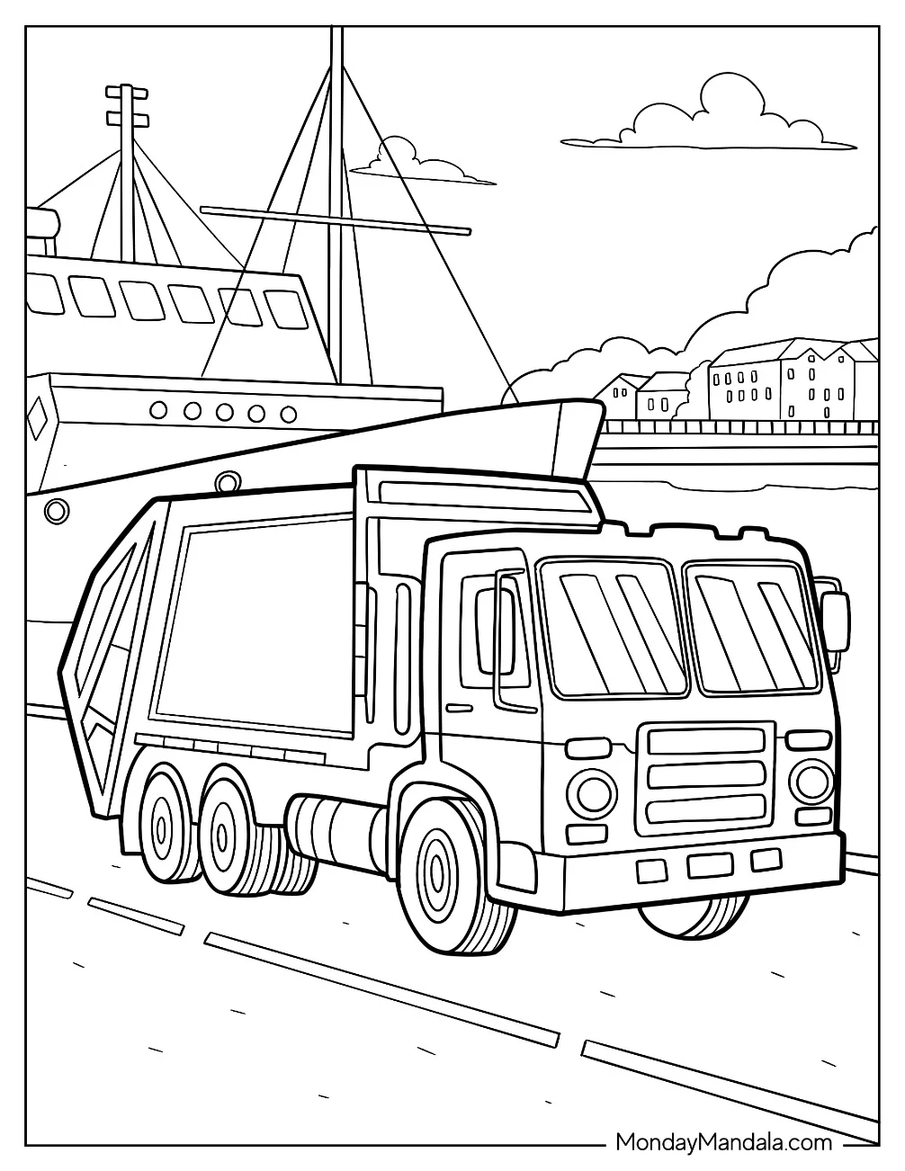 Realistic Garbage Truck Coloring Page On The Port coloring page — printable line art