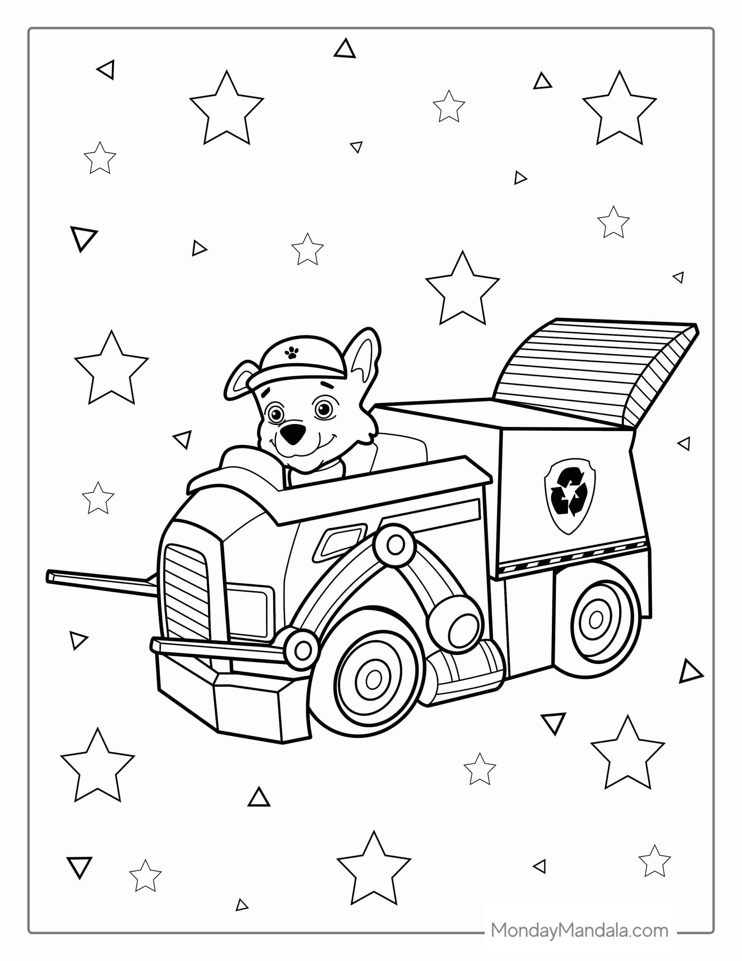 Rocky From Paw Patrol With Recycling Garbage Truck coloring page — printable line art