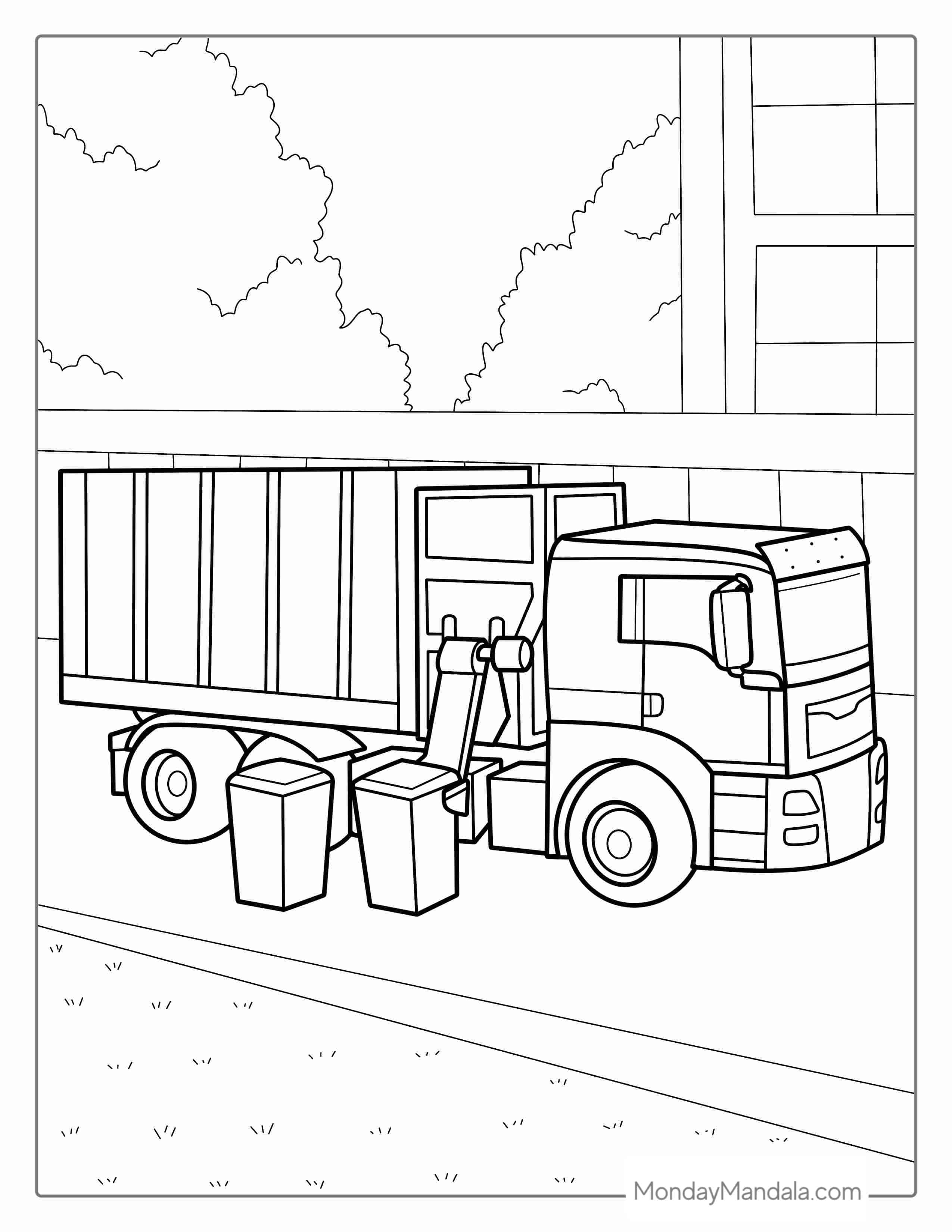 Side Loader Garbage Truck Picking Up Trash Bins coloring page — printable line art