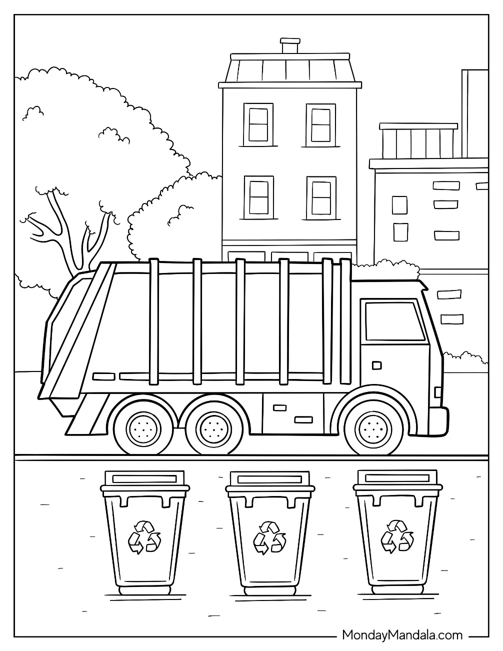 Simple Garbage Truck Coloring Page Parked In Front Of Recycling Bins coloring page — printable line art