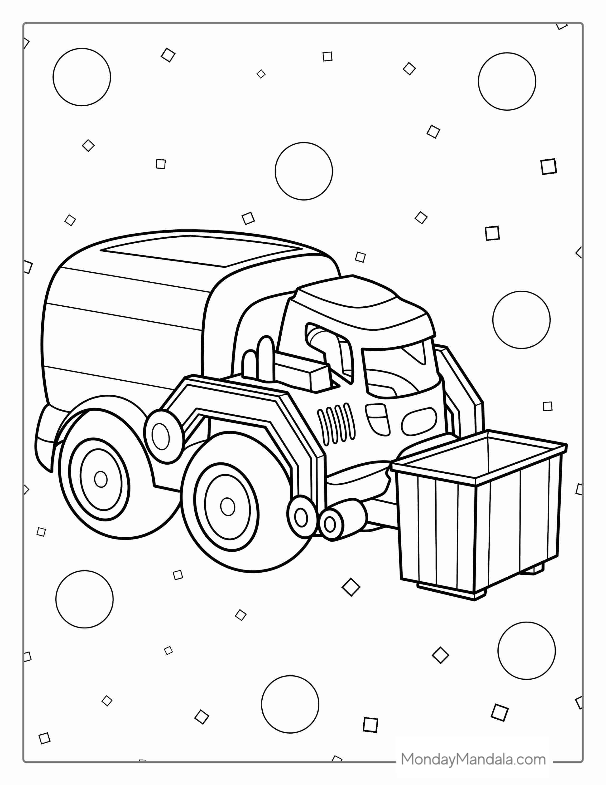 Simple Outline Of a Cartoon Garbage Truck coloring page — printable line art