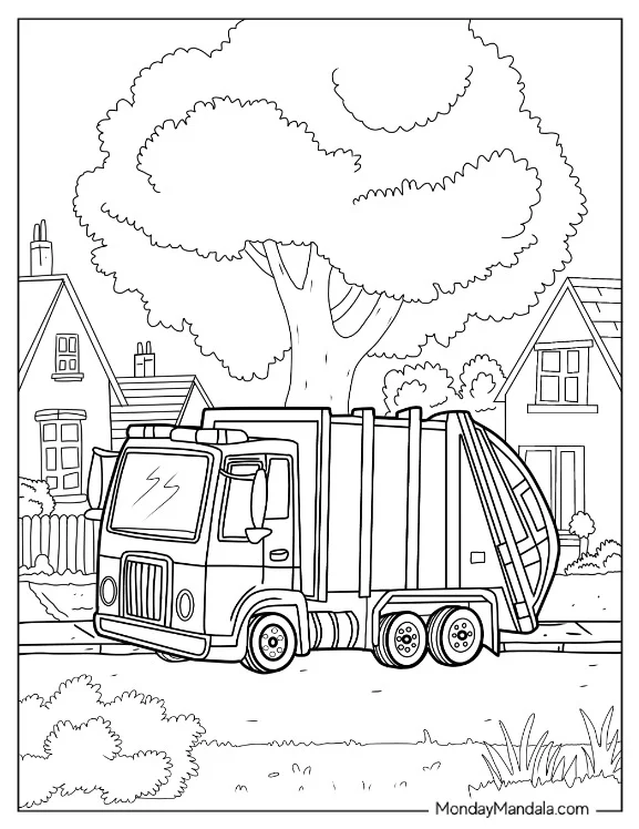Small Realistic Garbage Truck Coloring Page On Suburban Street With Houses coloring page — printable line art