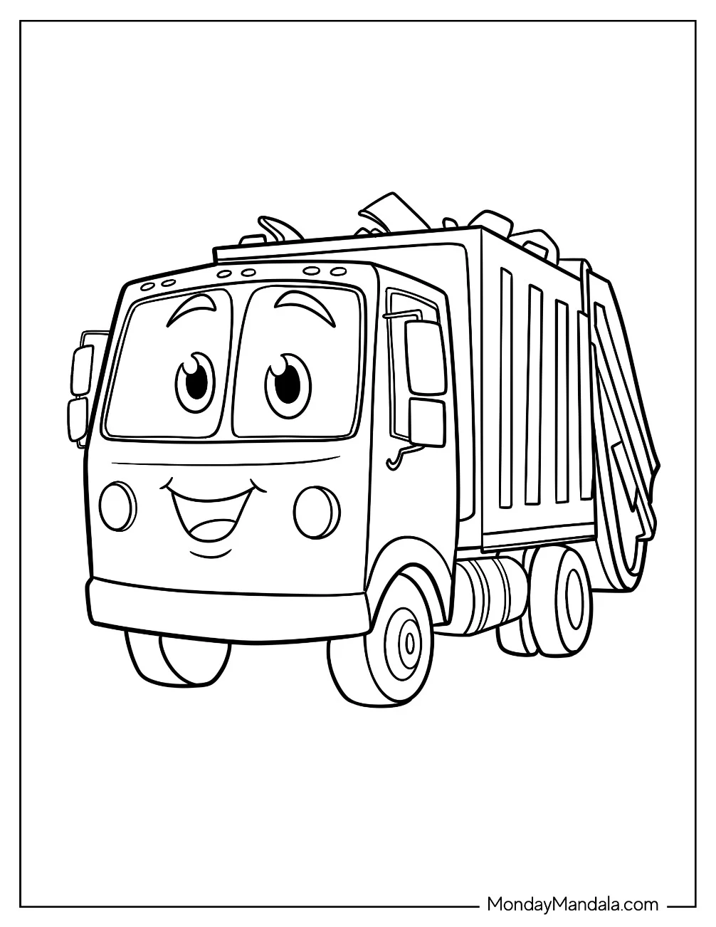 Smiling Cartoon Garbage Truck Coloring Page For Kids coloring page — printable line art