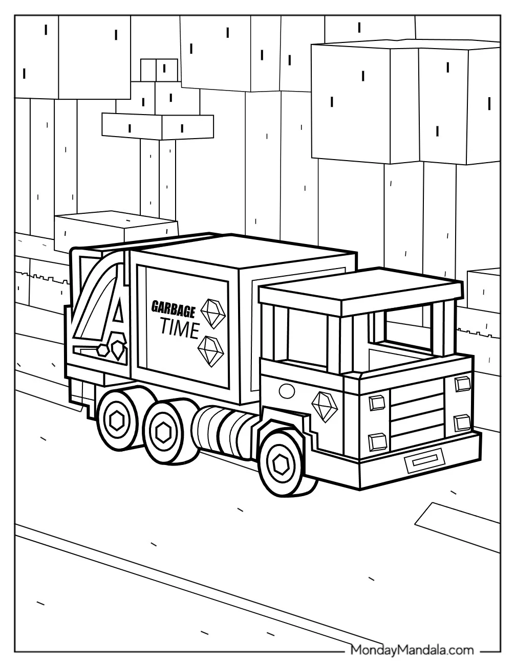 Voxel Garbage Truck Coloring Page With Garbage Time Logo And City Buildings coloring page