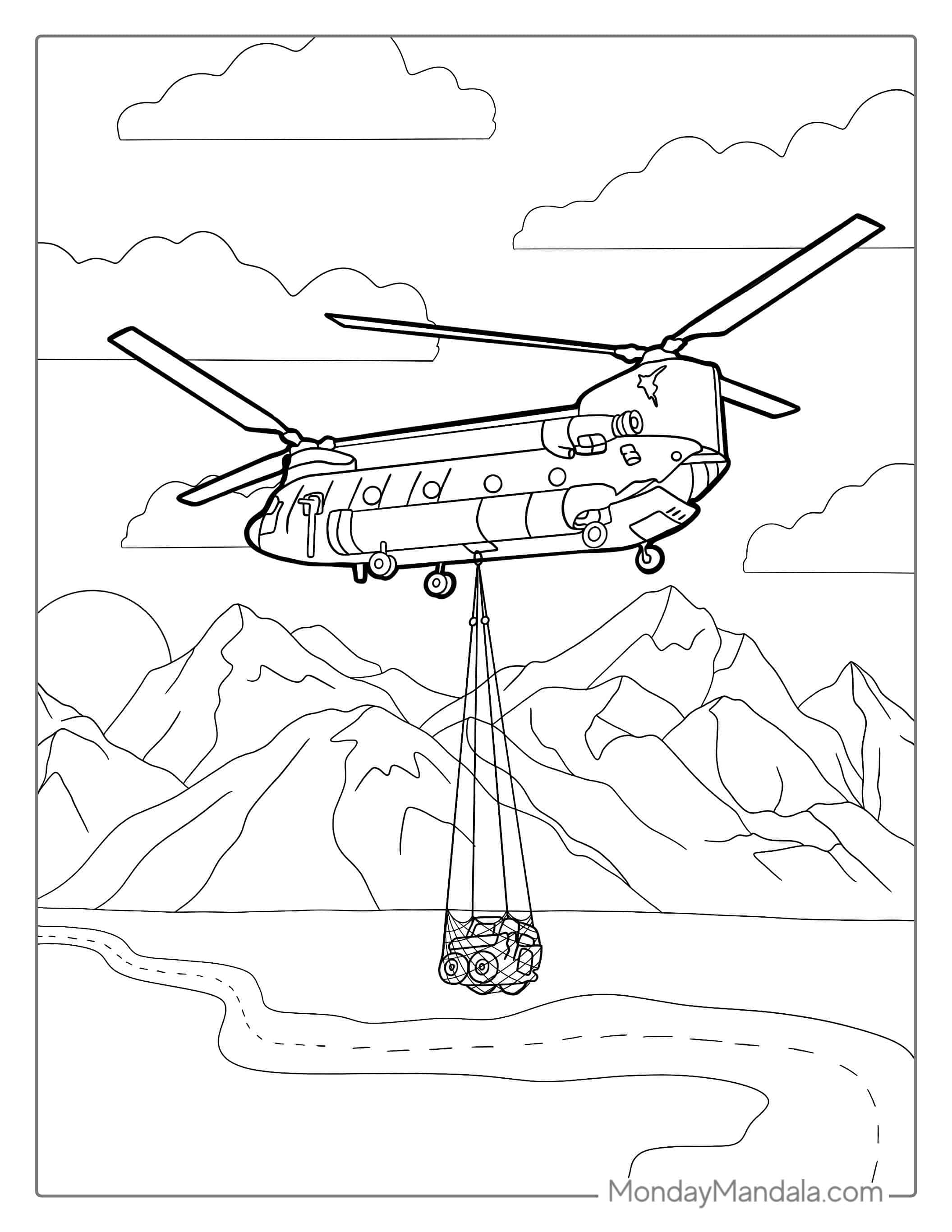 Chinook Helicopter Carrying A Jeep Over Mountain Range coloring page