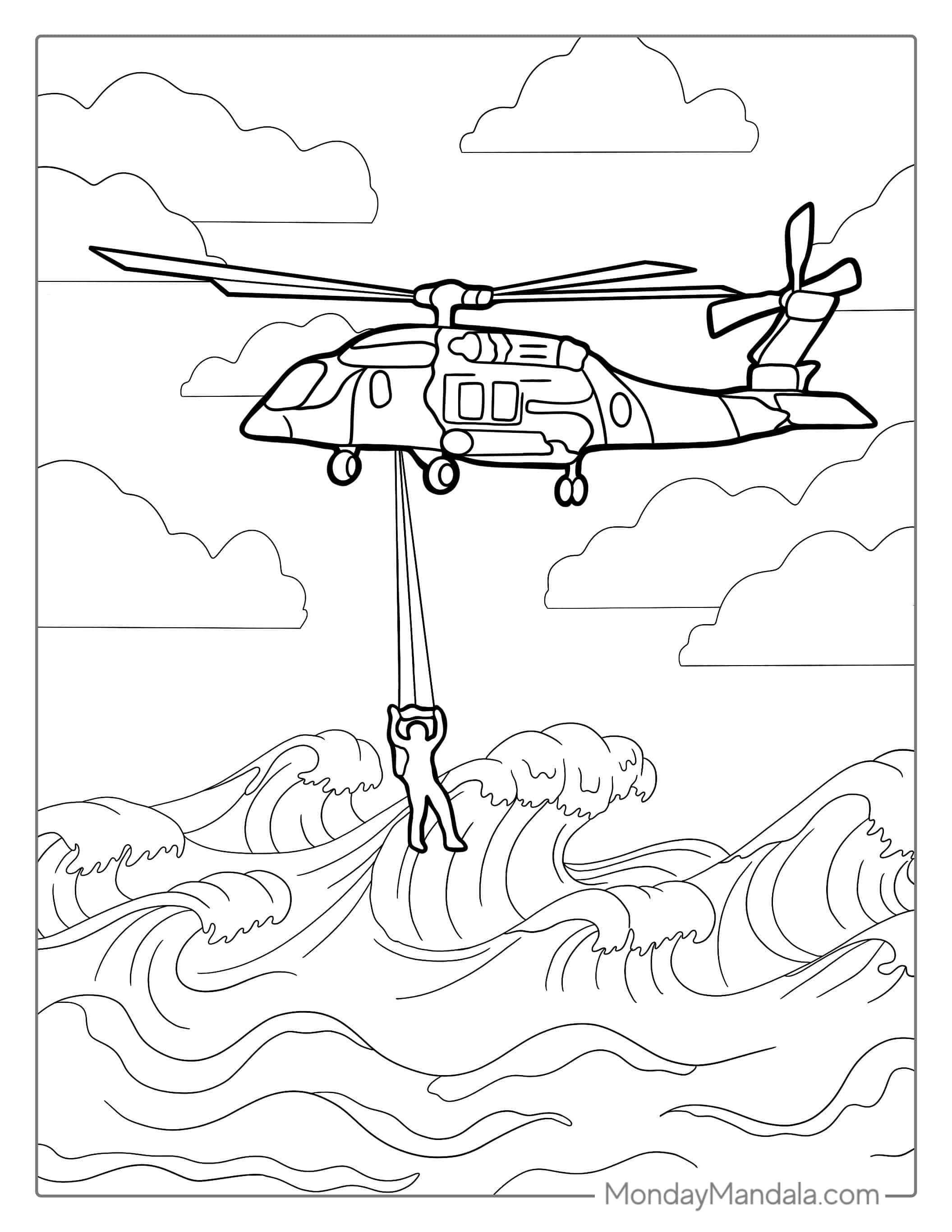 Coast Guard Helicopter Rescuing Swimmer coloring page