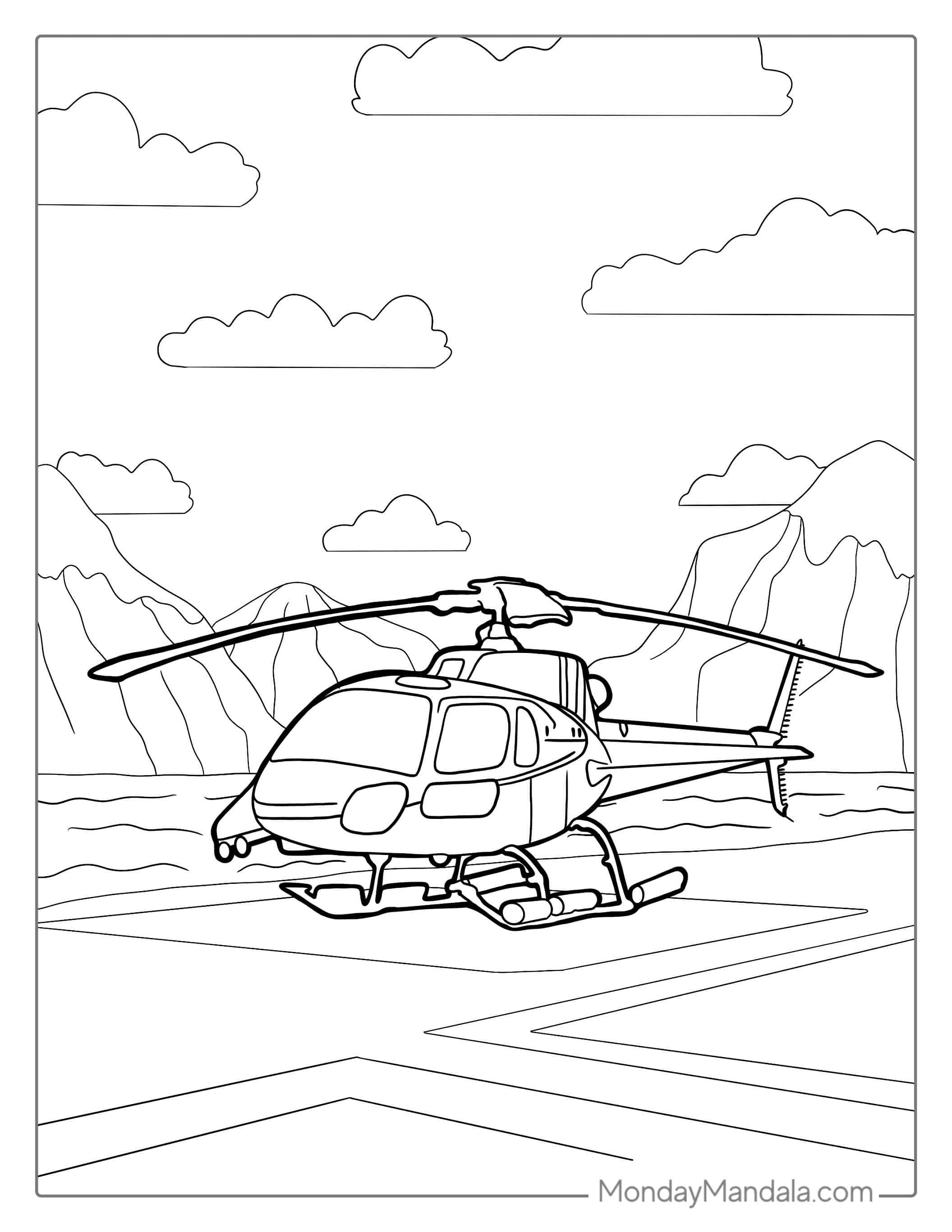 Helicopter Next To Mountains To Color coloring page