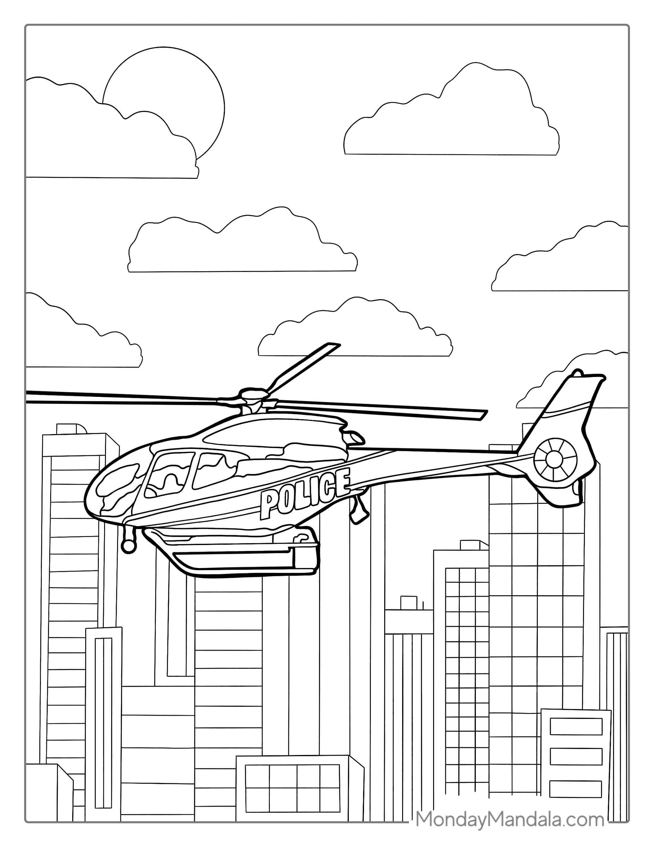 Police Helicopter Flying Over City coloring page