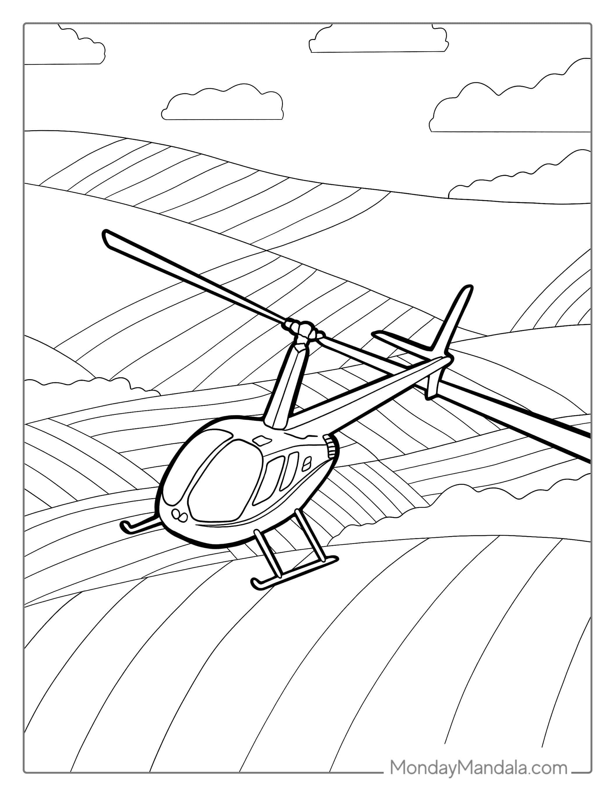 R44 Helicopter Flying Over Field coloring page