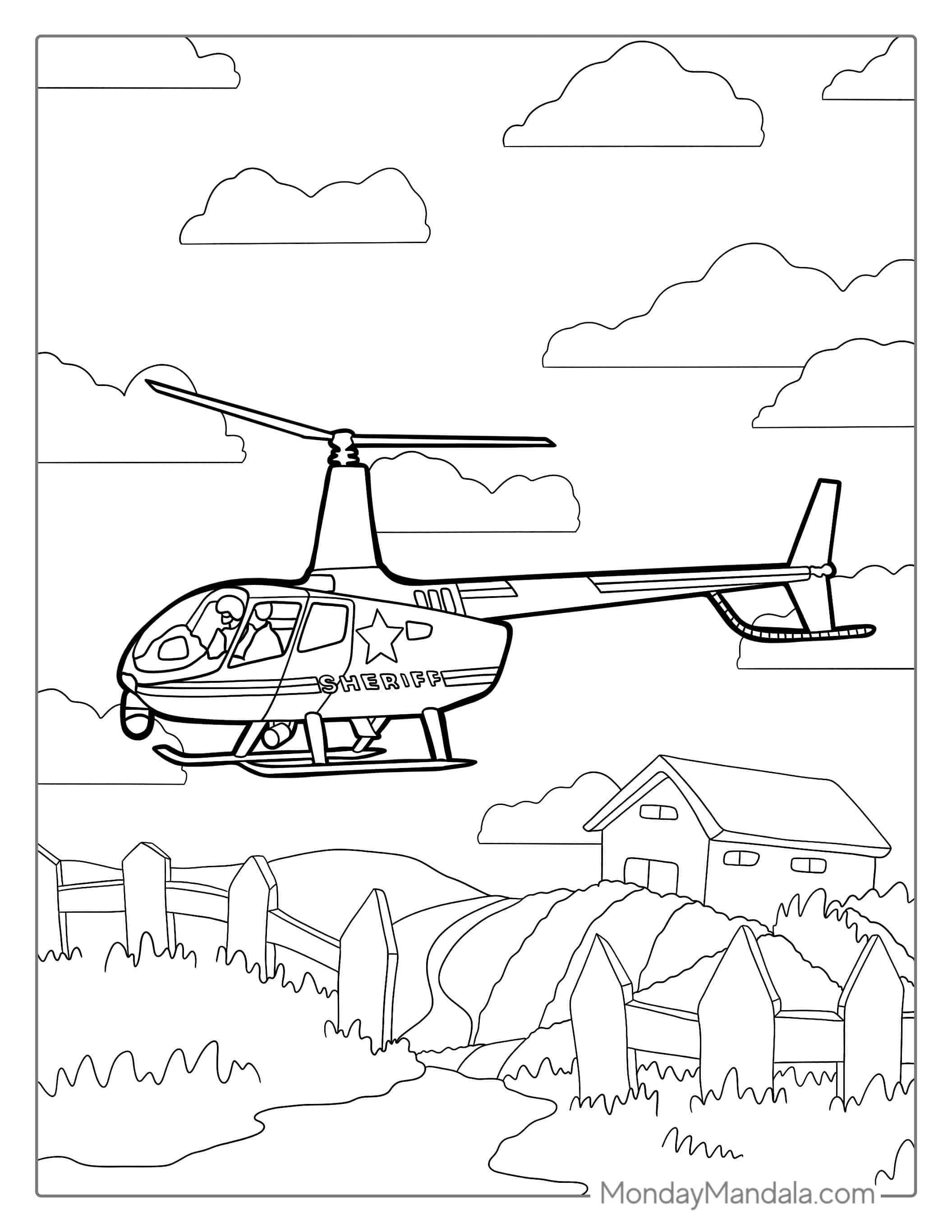 Sheriff Helicopter Flying Over House To Color coloring page