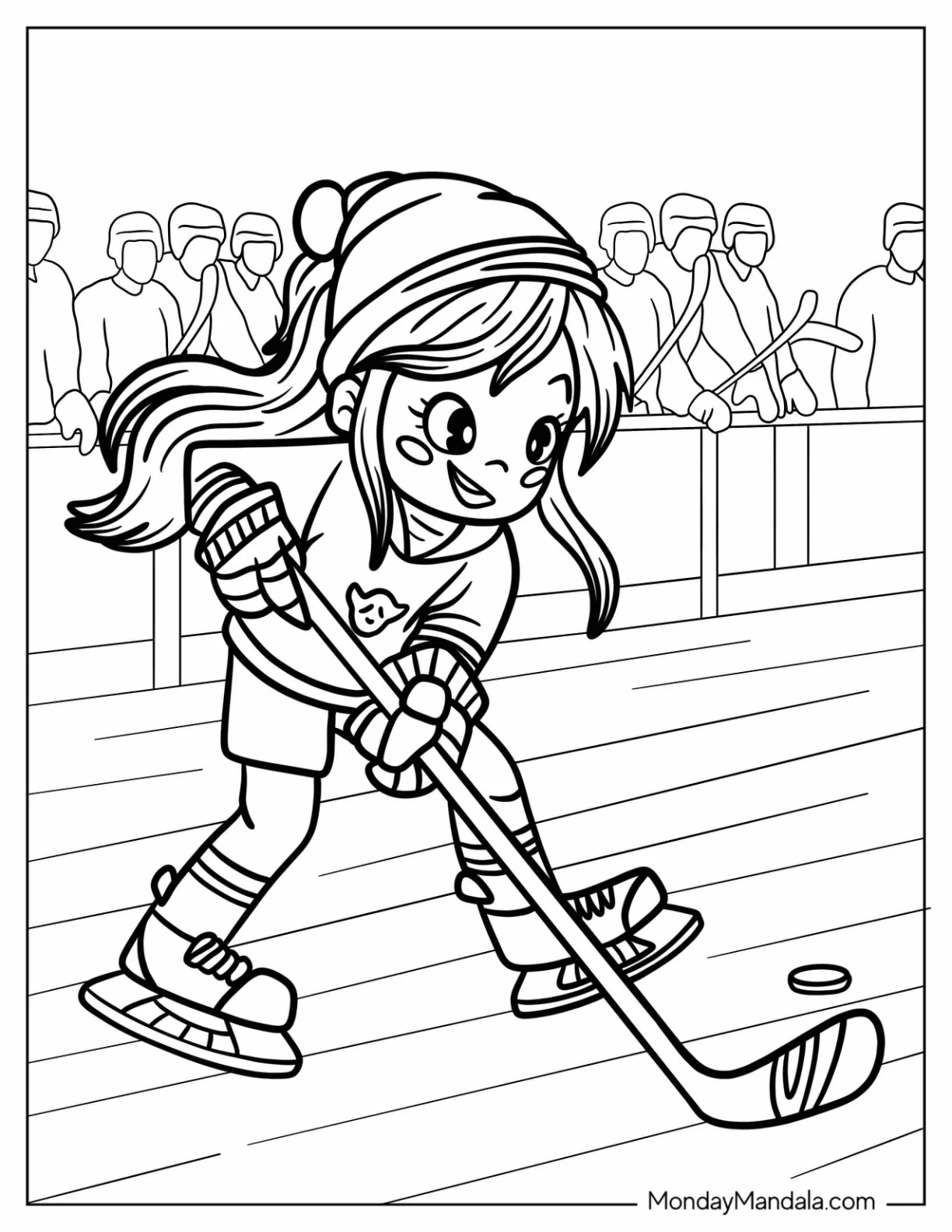 Cute Girl Hockey Coloring Page Player With Audience In The Background coloring page