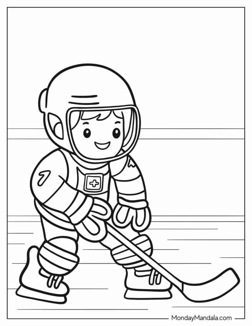 Cute Hockey Player Coloring In For Preschoolers coloring page