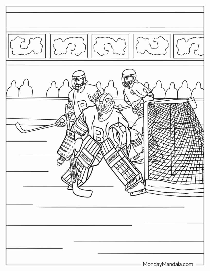 Hockey Goalie With Two Defencemen coloring page
