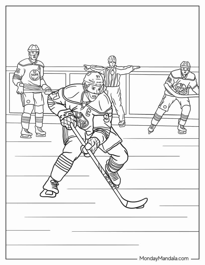 Hockey Players With Referee Coloring In coloring page — printable line art
