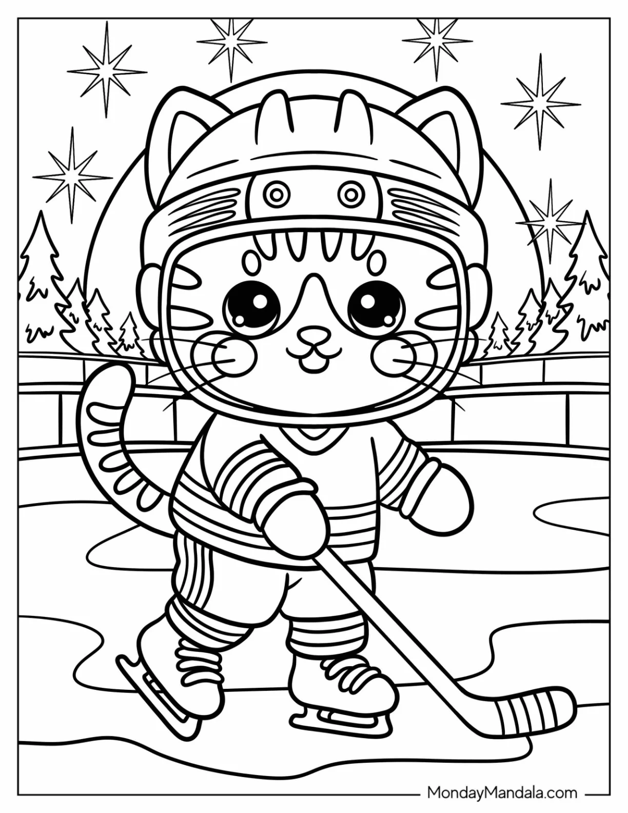 NHL & Hockey Coloring Page of Adorable Cat Ice Hockey Player in Full Gear for Kids coloring page — printable line art