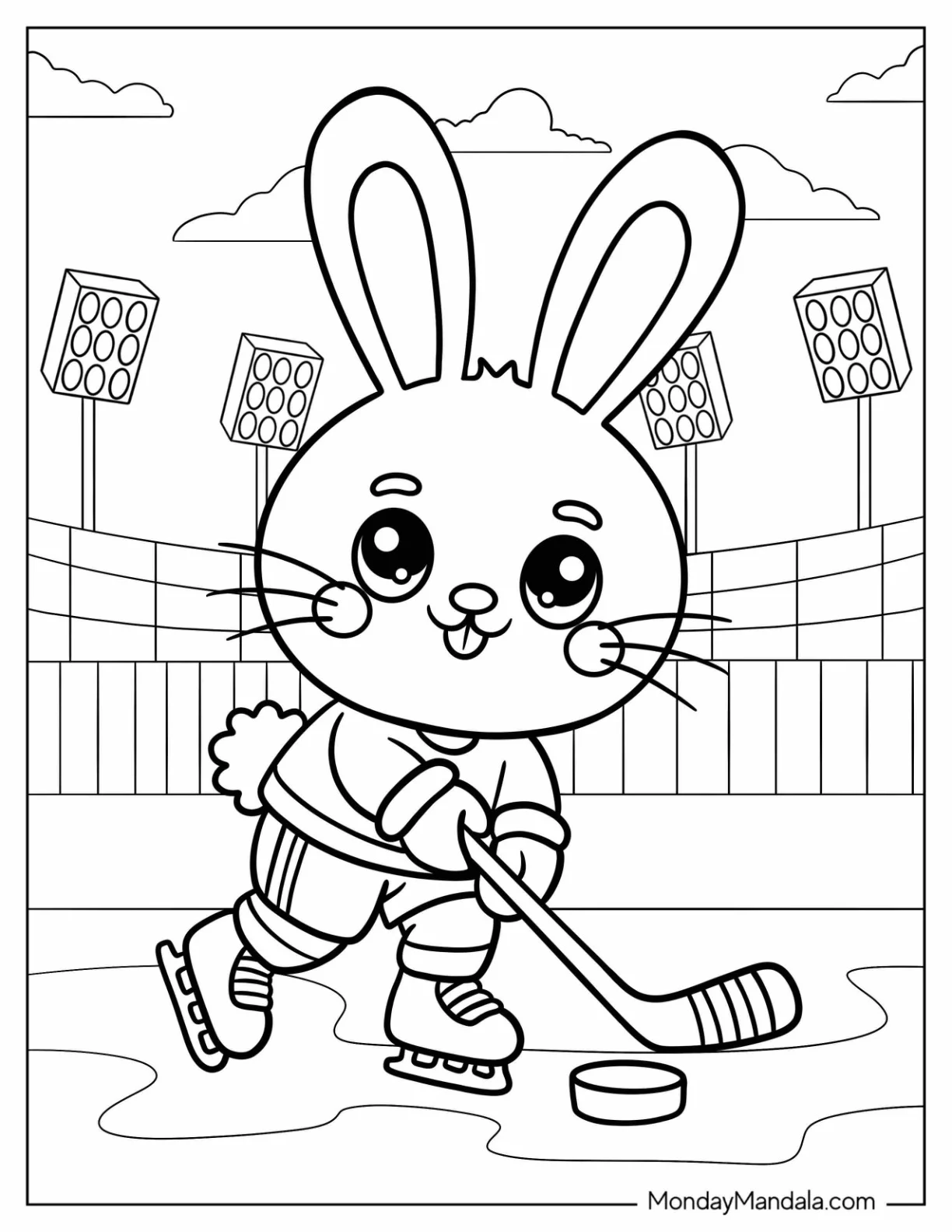 NHL & Hockey Coloring Page of Athletic Bunny Playing Ice Hockey in the Rink coloring page — printable line art
