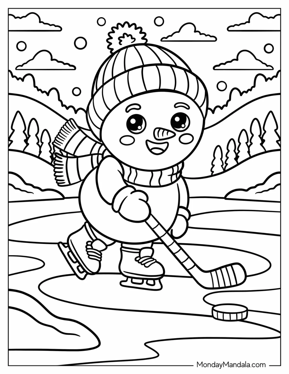 NHL & Hockey Coloring Page of Cute Snowman with Beanie and Scarf Playing Ice Hockey Outdoors for Kids coloring page — printable line art
