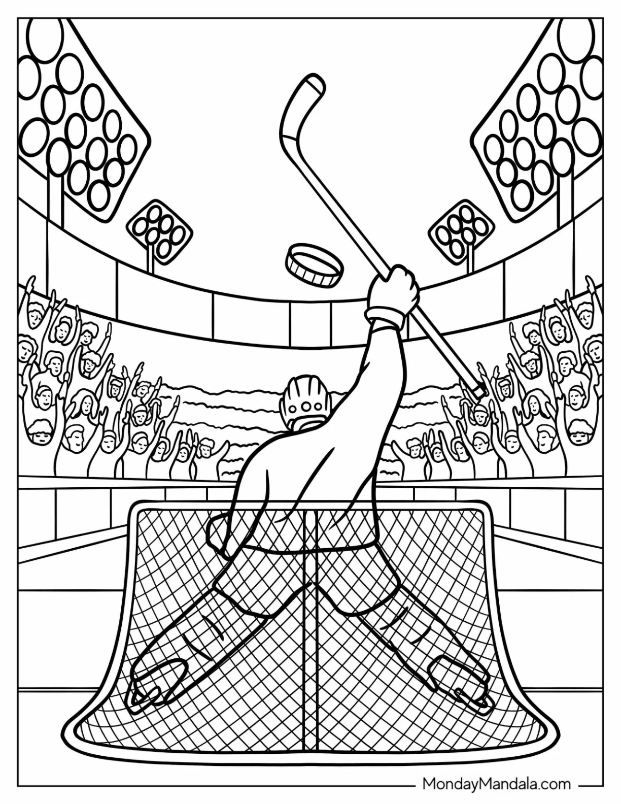 NHL & Hockey Coloring Page of Goaltender Raising Goal Stick to Cheering Crowd coloring page — printable line art