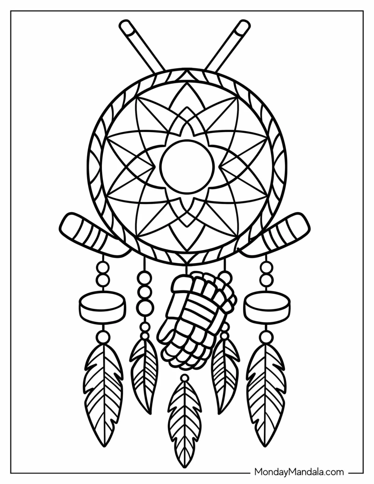 NHL & Hockey Coloring Page of Ice Hockey Mandala with Dangling Pucks and Feathers coloring page