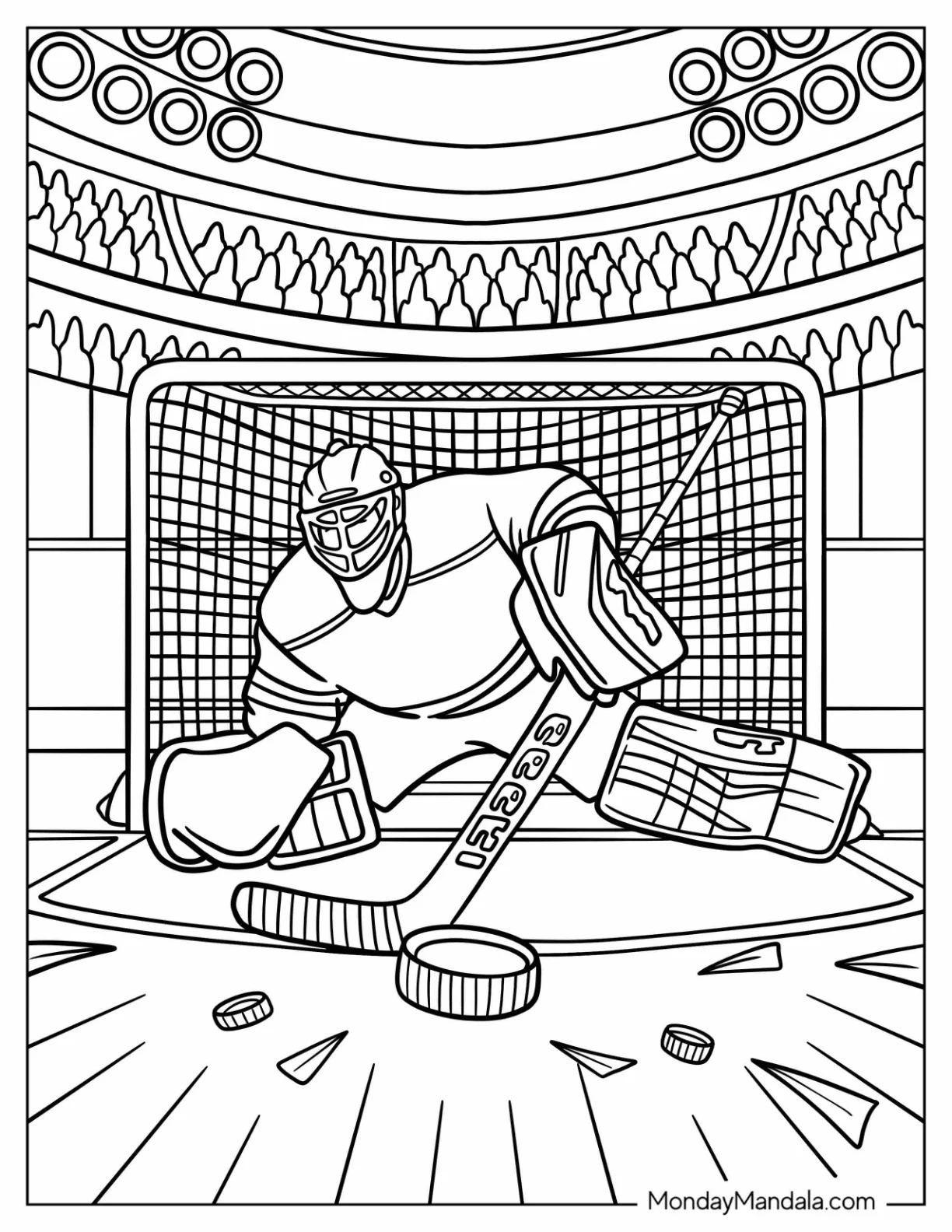NHL & Hockey Coloring Page of Ice Hockey Puck Flying Straight to the Goaltender coloring page — printable line art