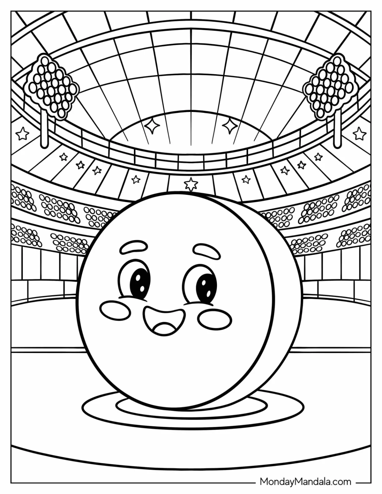 NHL & Hockey Coloring Page of Kawaii Ice Hockey Puck Inside the Rink for Preschoolers coloring page — printable line art