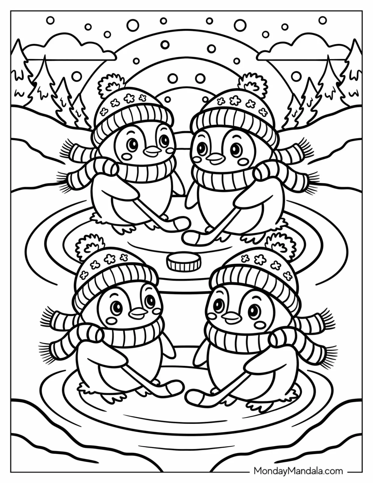 NHL & Hockey Coloring Page of Penguins with Beanies and Scarves Playing Ice Hockey for Kids coloring page