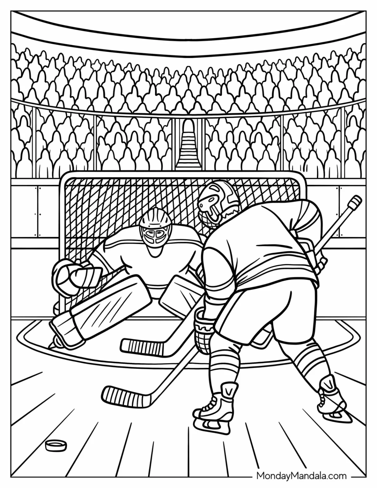 NHL & Hockey Coloring Page of Professional Ice Hockey Players Attempting to Score a Goal coloring page — printable line art