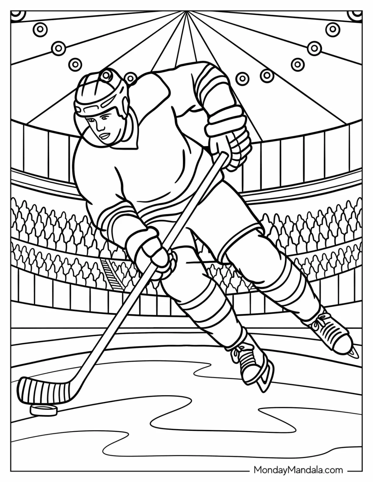 NHL & Hockey Coloring Page of Realistic Ice Hockey Player in the Rink Moving the Puck coloring page — printable line art