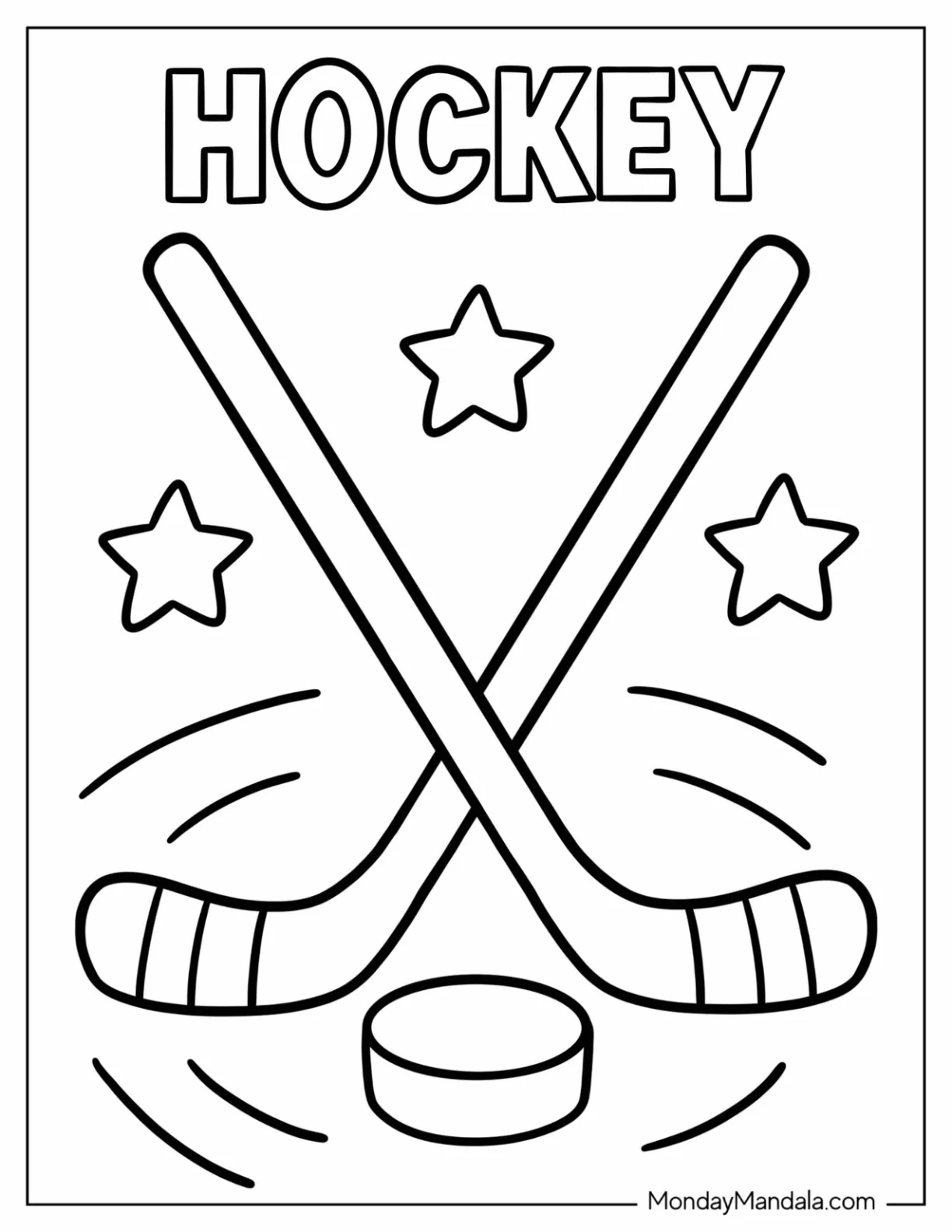 NHL & Hockey Coloring Page of Two Ice Hockey Sticks Crossed with Puck in the Middle for Kids coloring page
