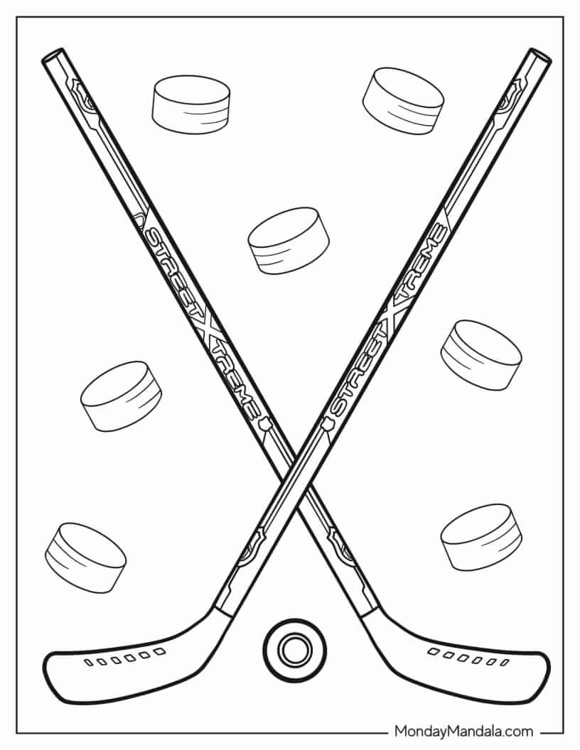 Two Hockey Sticks With Pucks In Background coloring page