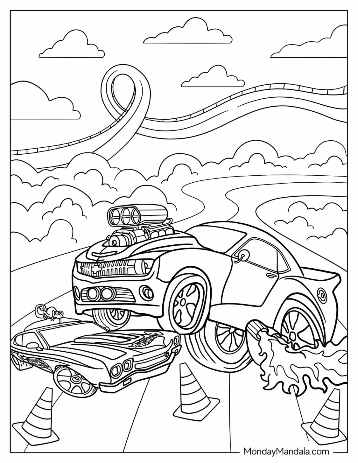 Cartoon Hot Wheels With Flames And Smoke coloring page — printable line art