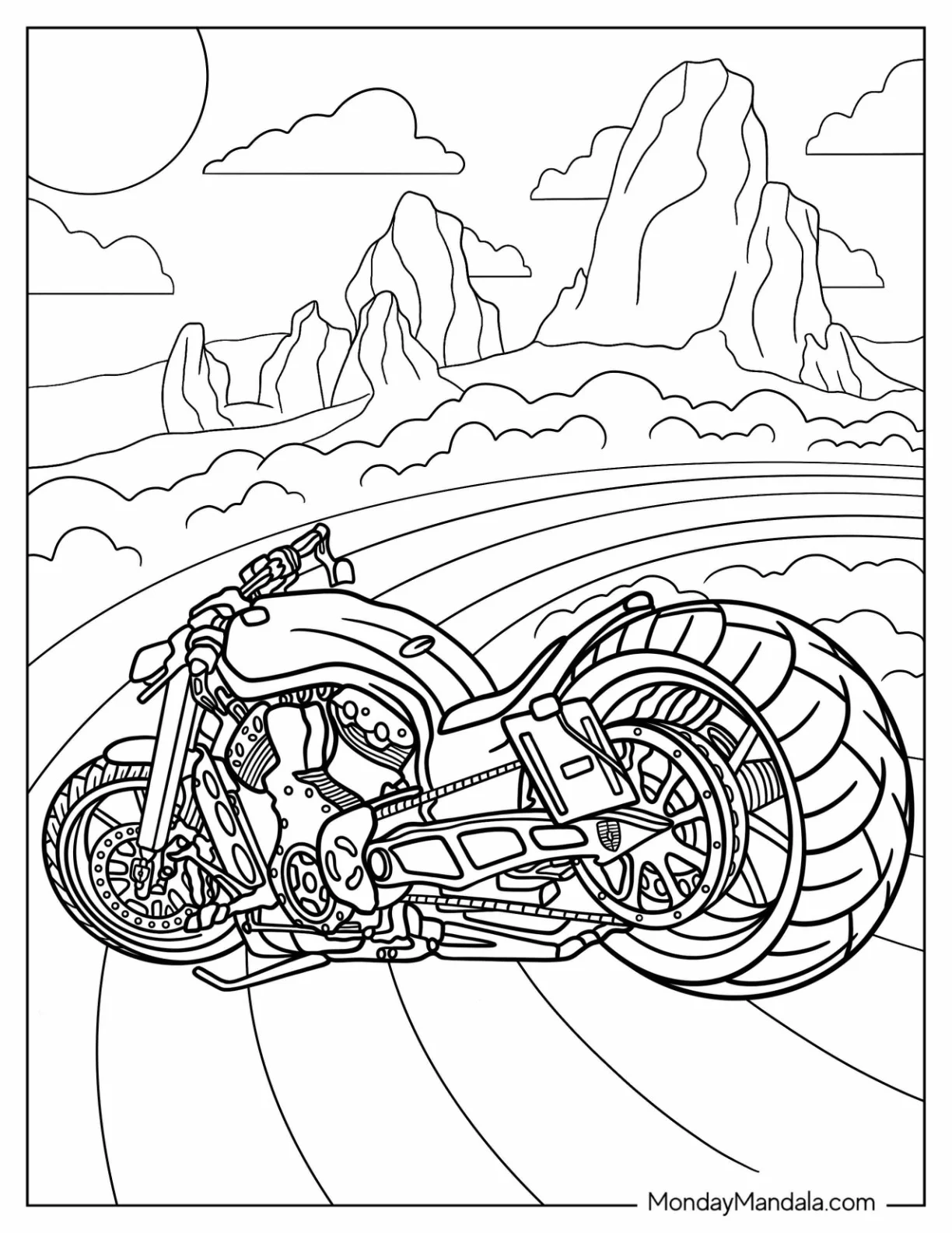 Detailed Hot Wheels Motorcycle Coloring Sheet coloring page — printable line art