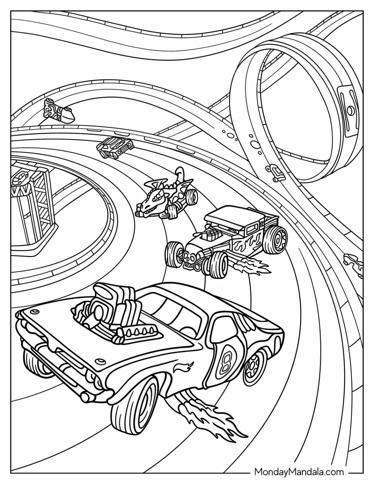 Hot Wheels Cars In Wild Race Tracks Coloring Page coloring page — printable line art