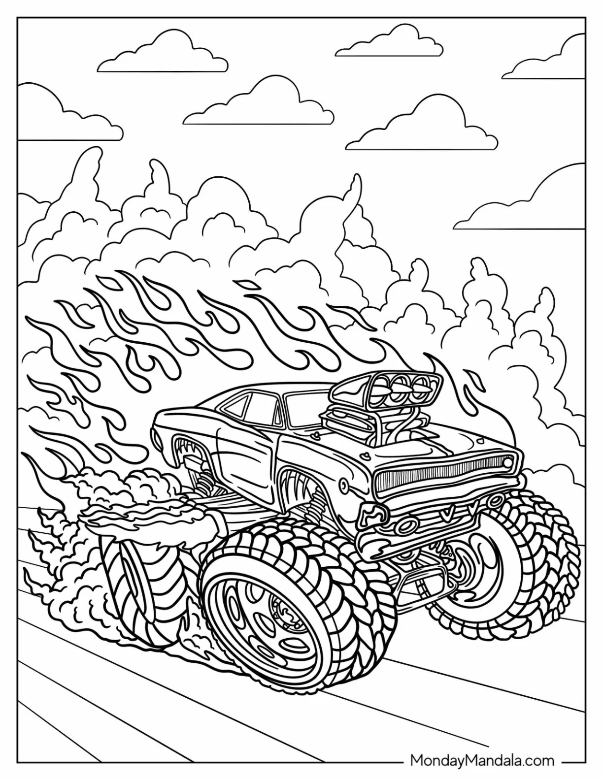 Hot Wheels Flaming Monster Truck Coloring Page coloring page — printable line art