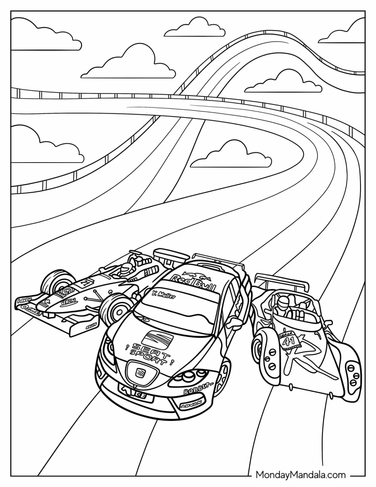 Hot Wheels Race Cars On Track Coloring Page coloring page — printable line art