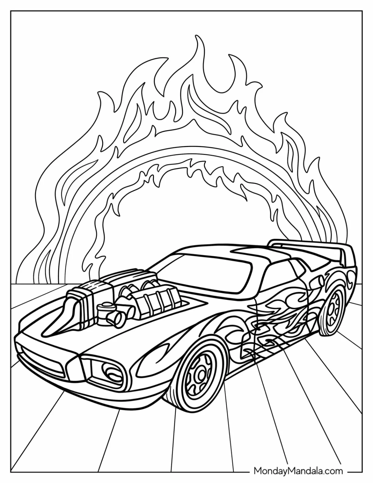 Hot Wheels Rivited Car With Flames Design coloring page — printable line art