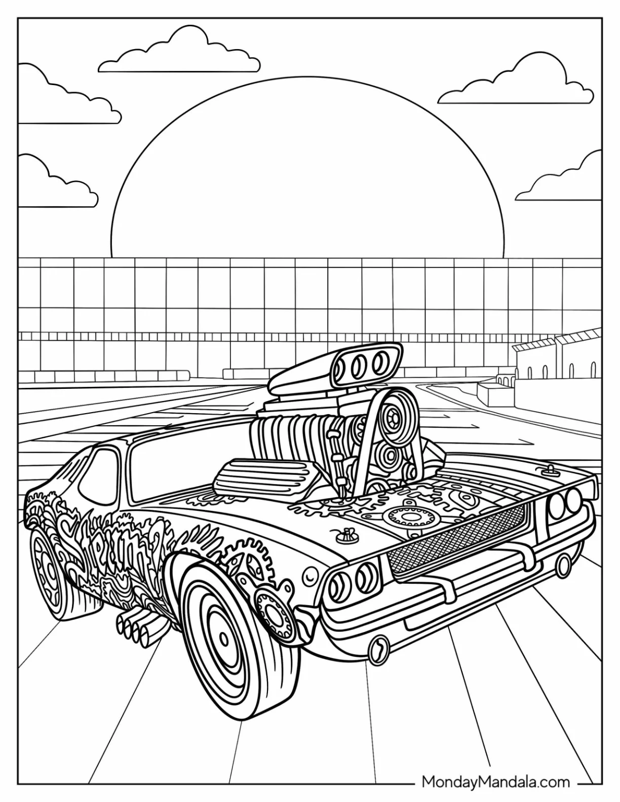 Realistic Hot Wheels Car Parked In Race Track coloring page — printable line art