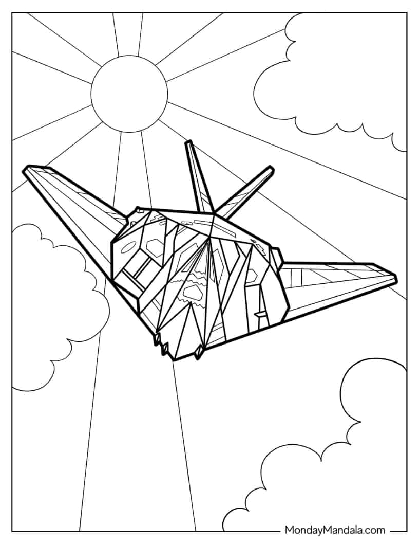 Front View of Stealth Aircraft Jet With Sun in the Background coloring page