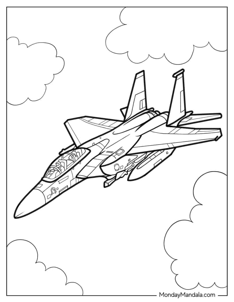 Intricate Boeing F-15 Jet With Clouds in Background coloring page