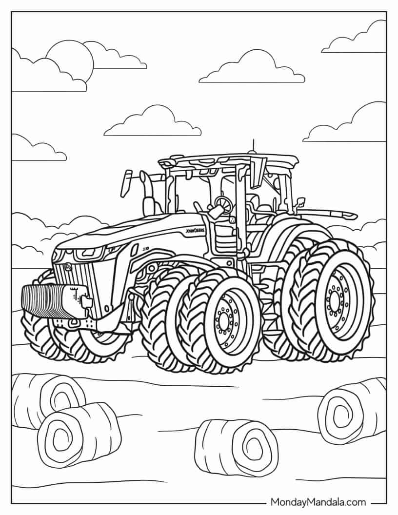 Coloring Page Of John Deere Modern Tractor In Farm Land coloring page