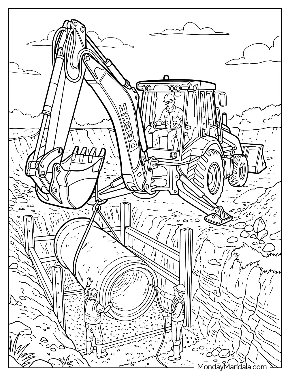 John Deere Backhoe Loader Installing a Large Underground Pipe Coloring Page coloring page