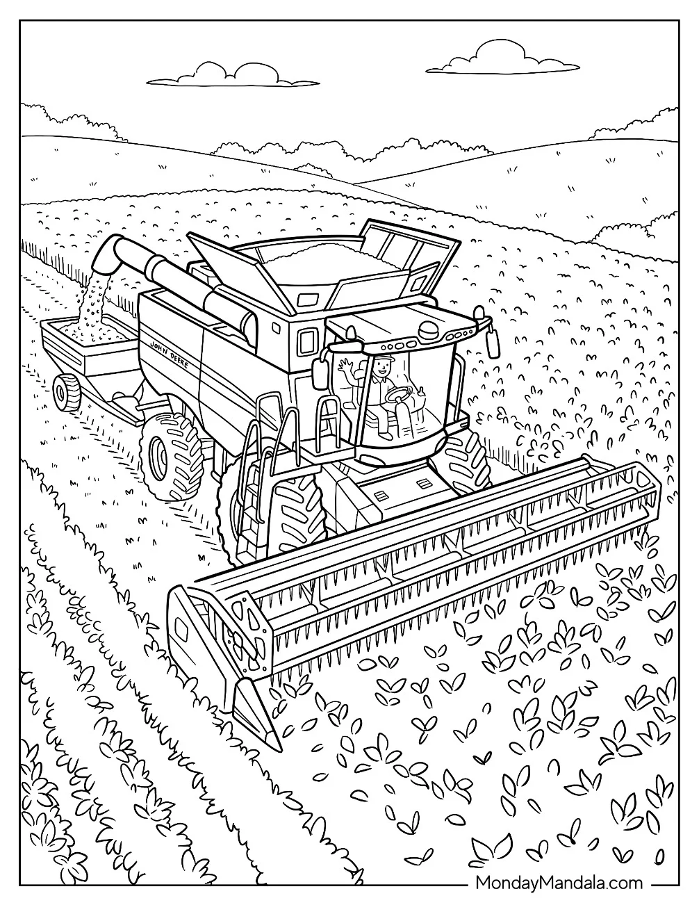 John Deere Combine Harvester Harvesting Crops Coloring Sheet coloring page