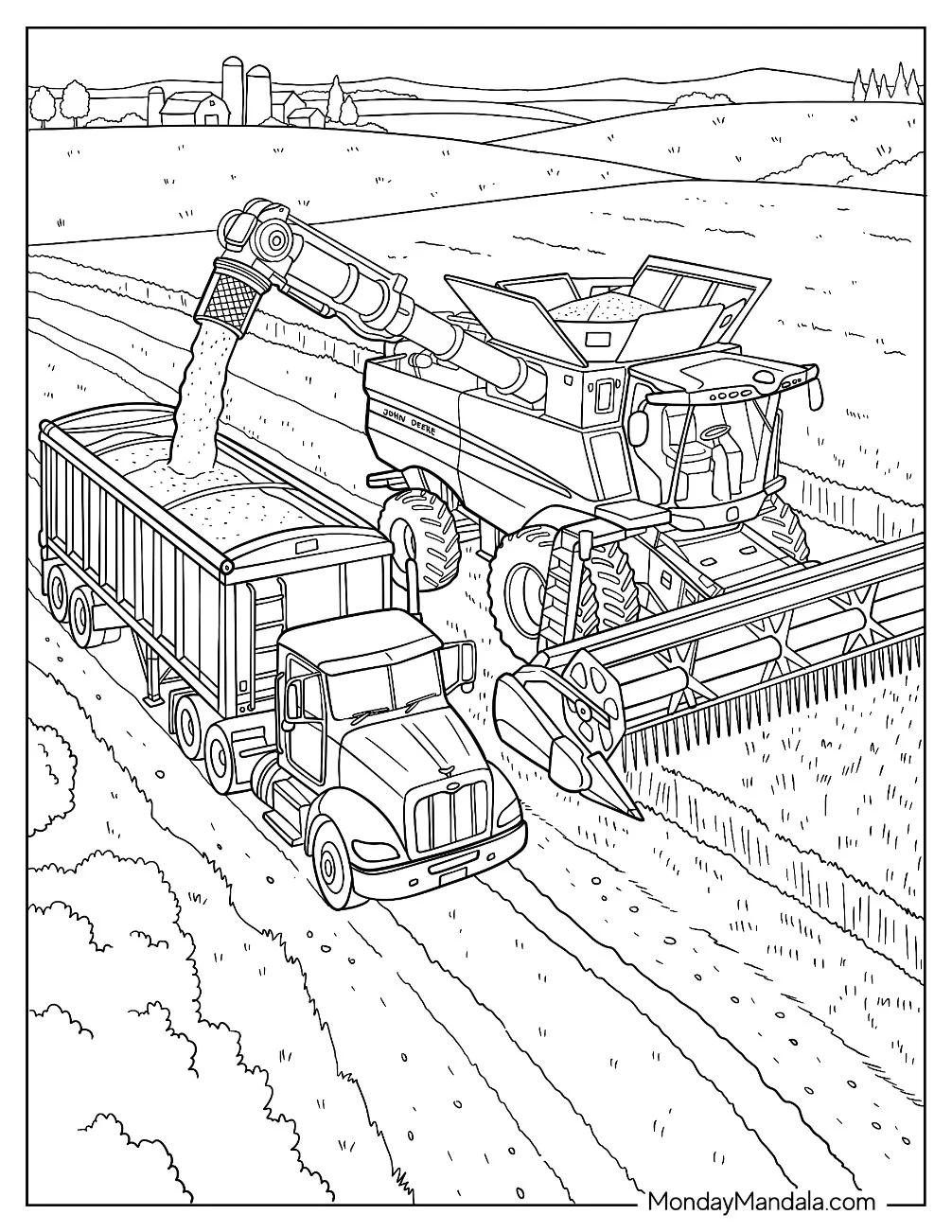 John Deere Combine Harvester Unloading Grain into a Semi Truck Coloring Sheet coloring page